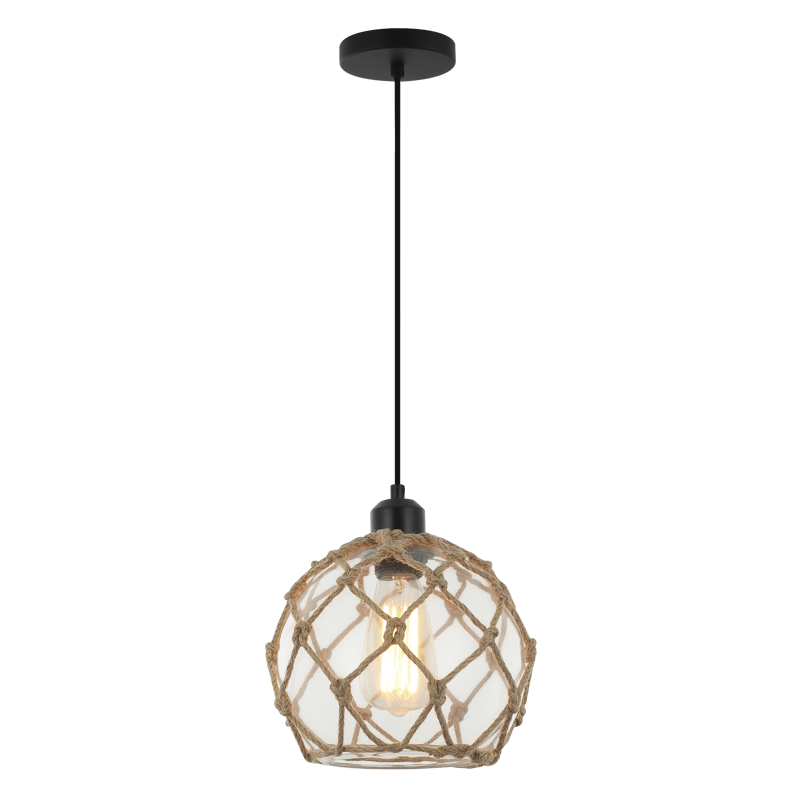 Metal Pendant with Clear Glass and Rope (PEN846 BLACK)