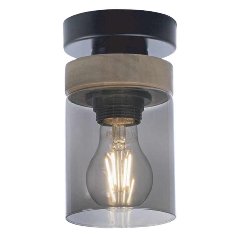 Metal and Wood Ceiling Fitting with Smoke Colour Glass (CF436 WOOD)