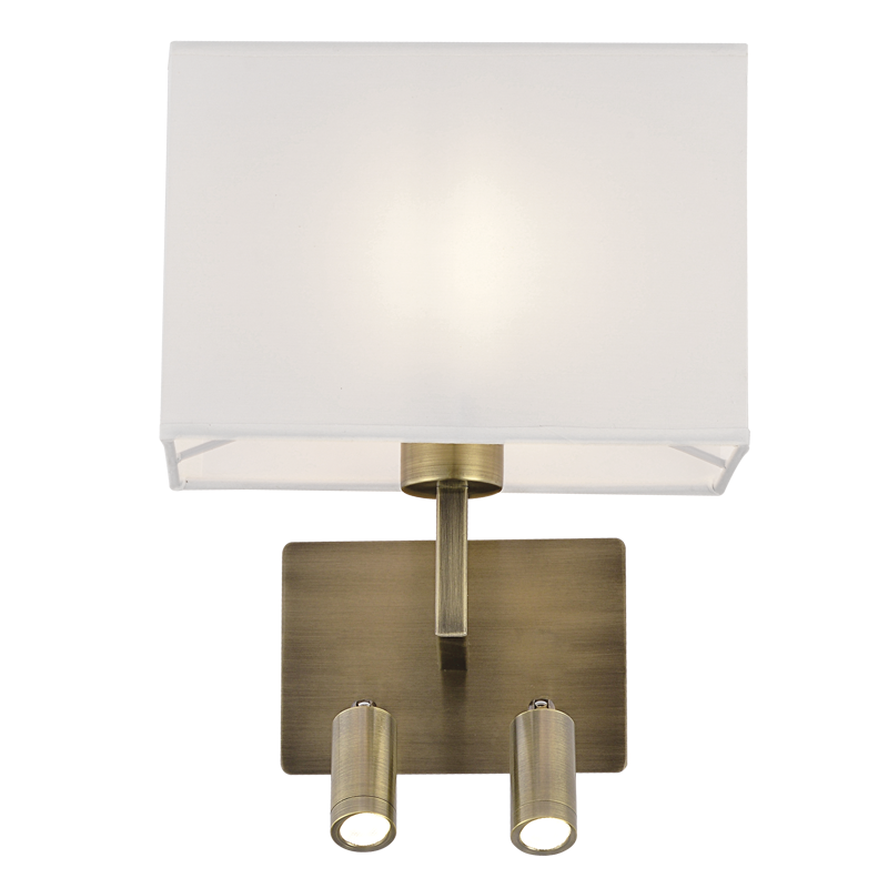 Metal Wall Bracket with 2 Switches and White Shade (WB408/3 ANTIQUE)