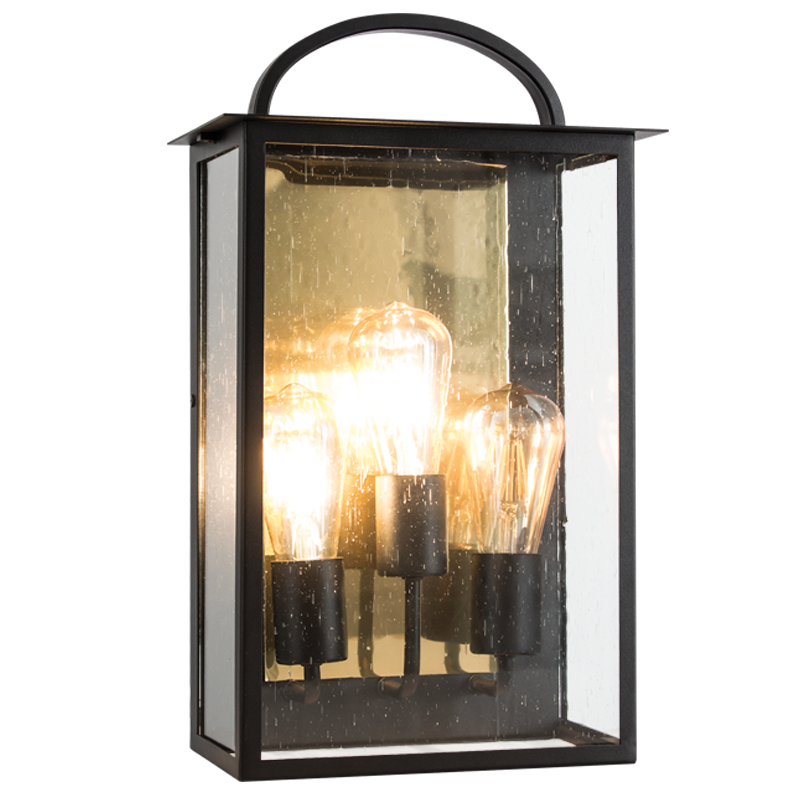 Metal Half Lantern with Clear Speckled Glass, IP44 (L580 BK/GD)