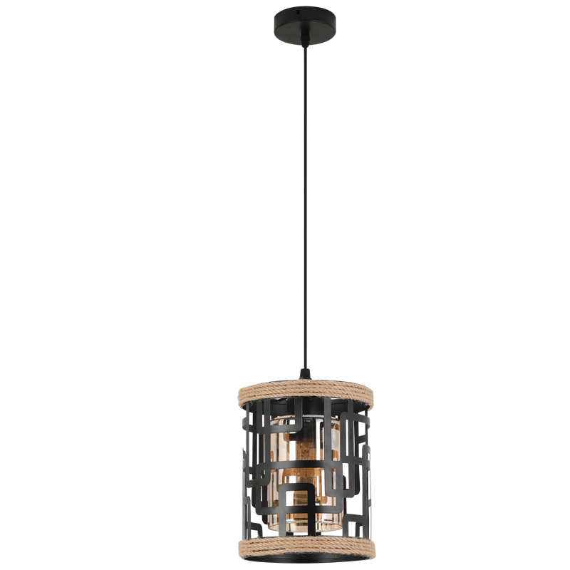 Metal Pendant with Rope and Amber Inner Glass (PEN938 BLACK)