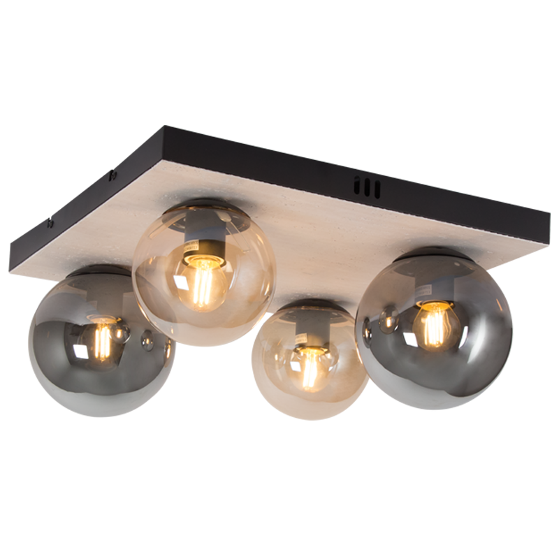 Metal and Glass Ceiling Fitting with a Travertine Baseplate, IP20 (CF516 BLACK/AMBER)