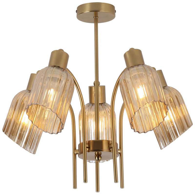 Metal Chandelier with Amber Fluted Glass (CH713/5 GOLD)