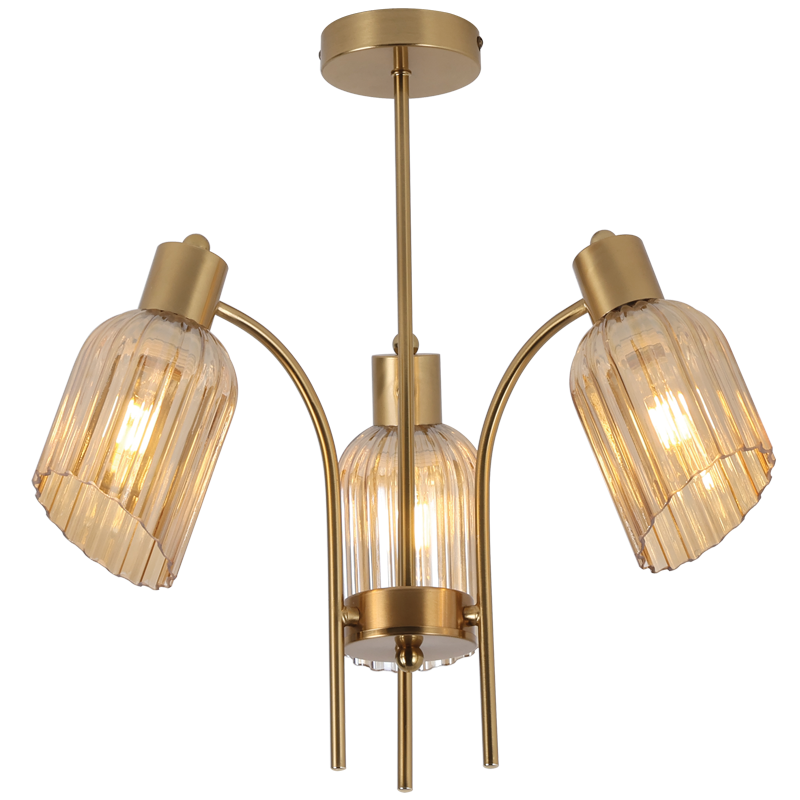Metal Chandelier with Amber Fluted Glass (CH712/3 GOLD)
