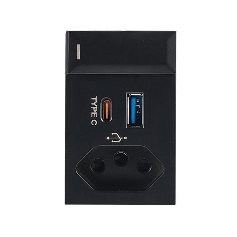 Slim RSA Socket + 5V 3.4A USB Type A and C, Switched ( Triple Module ) (ECP169 BLACK)