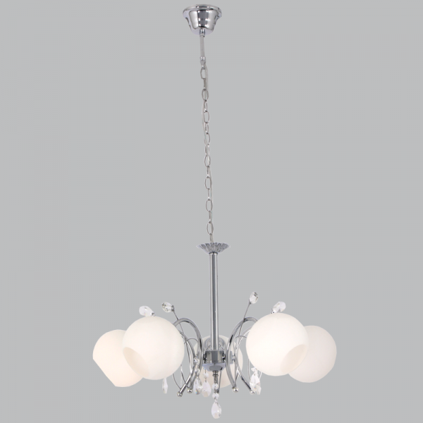 Polished Chrome Chandelier with Opal Glass and Acrylic Crystals (CH383/5 CHROME)