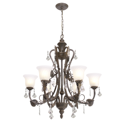 Metal Chandelier with Fluted Alabaster Glass and Crystal Drops (CH5035/6 BROWN GOLD)