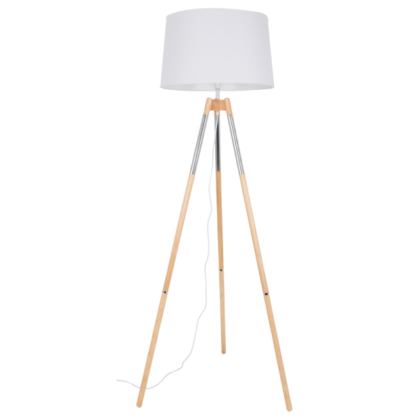Wood and Polished Chrome Standing Lamp with White Fabric Shade (SL084 CHROME)