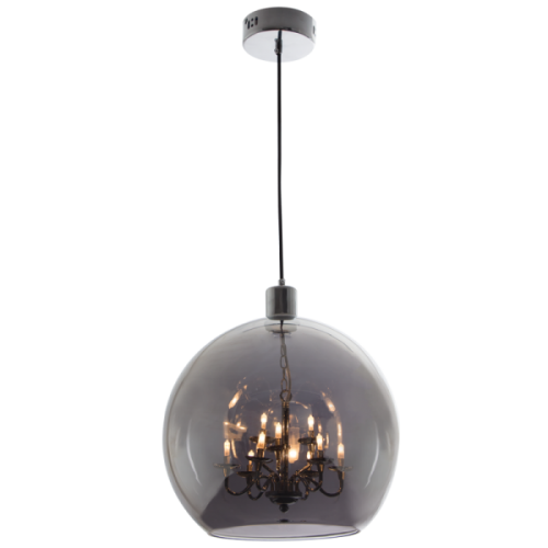 Polished Chrome Pendant with Smoke Colour Glass and Small Inner Chrome Chandelier (PEN624/9 SMOKE)