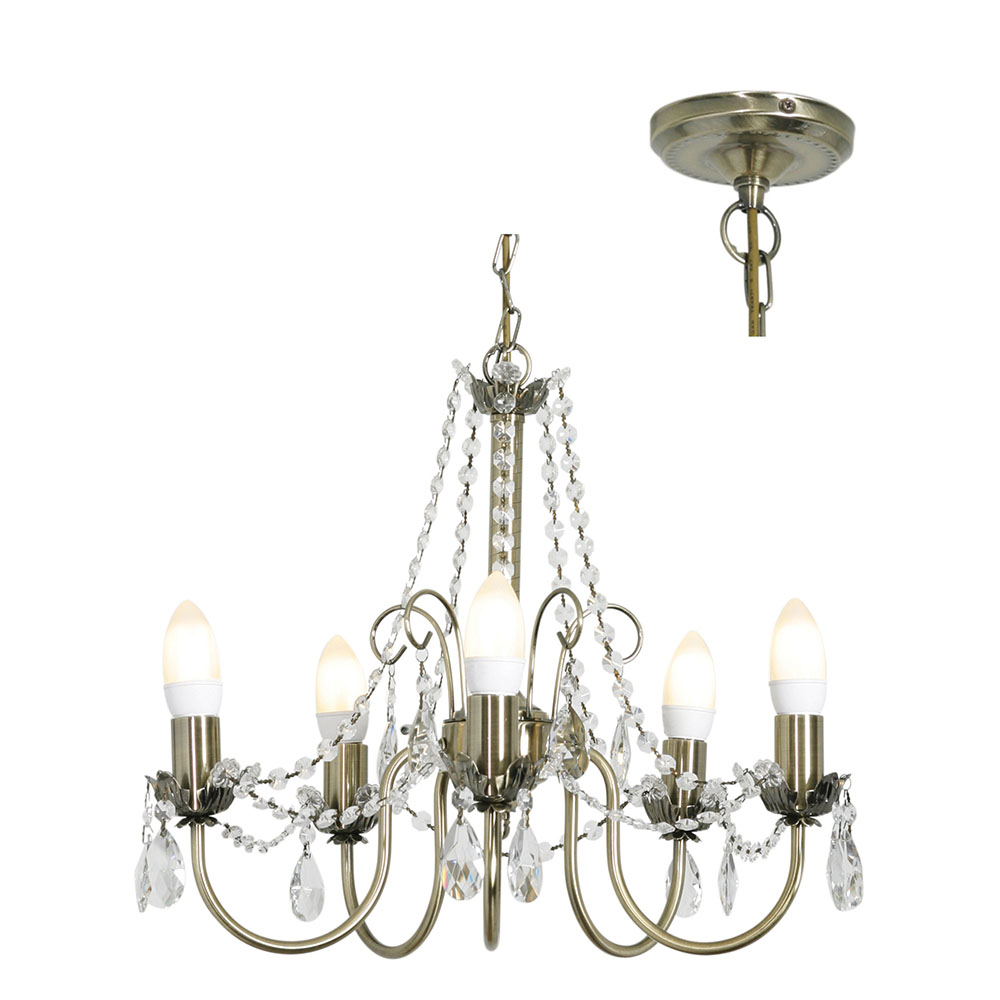 Chandelier 5 lights with tear drops antique brass - CHANDELIER 5LT W/TEAR DROPS ANT.BRASS, CH105ABR. (CH105ABR)