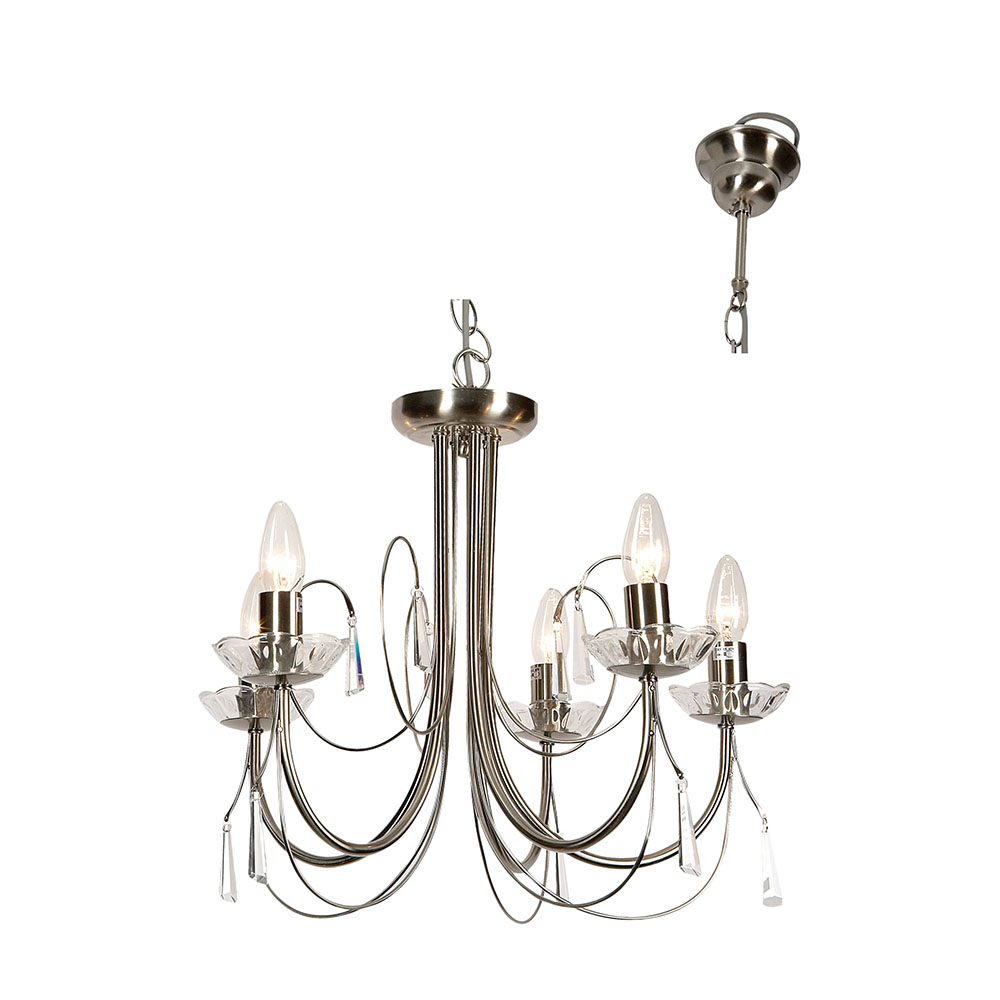 5 Light Chandelier with Clear Crystals - 5 lights chandelier satin chrome with clear crystals E14 40W, CH193SC. (CH193)