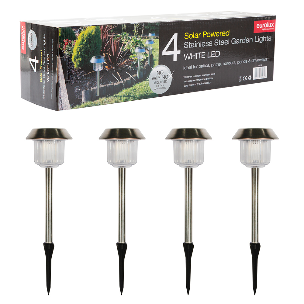 4 pcs stainless steel solar lightLED - 4 PCS STAINLESS STEEL SOLAR LIGHT LED, O170. (O170)