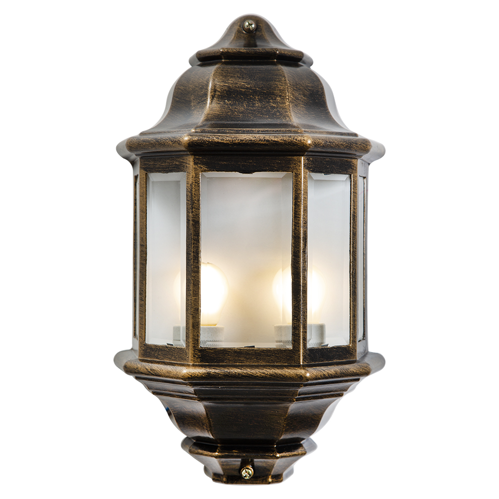 Wall Light Half Lantern 2 Lamp Holders Black/Gold - WALL HALF LANTERN 2 L/HOLDERS BLK/GOLD, O50BG. (O50)