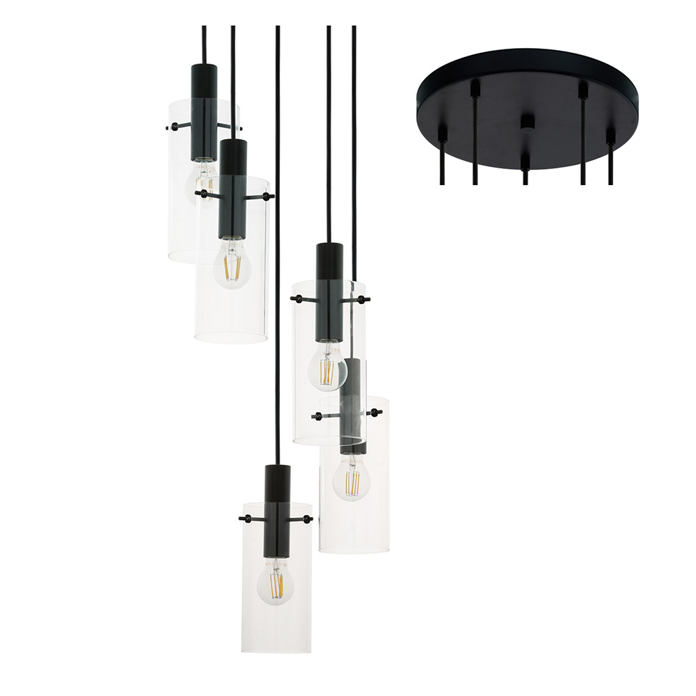 Montefino Pendant 5L 60W E27 Black/Glass (P1065)