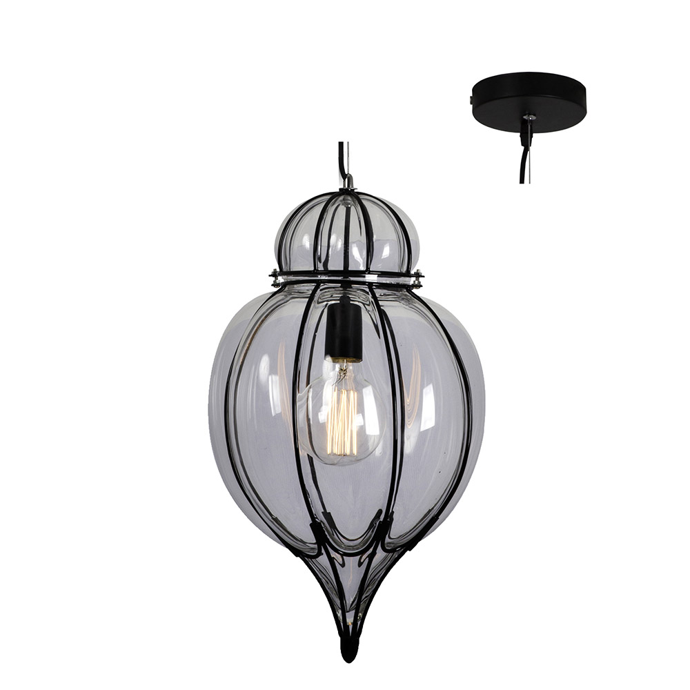Metal Pendant with Black Glass - PENDANT METAL & GLASS BLACK, P593. (P593)