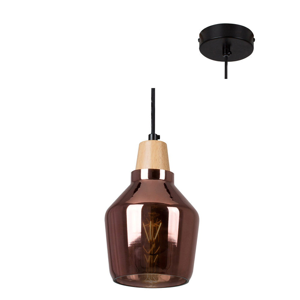 Tallinn Pendant Black & Wood with Copper Glass (P928C)