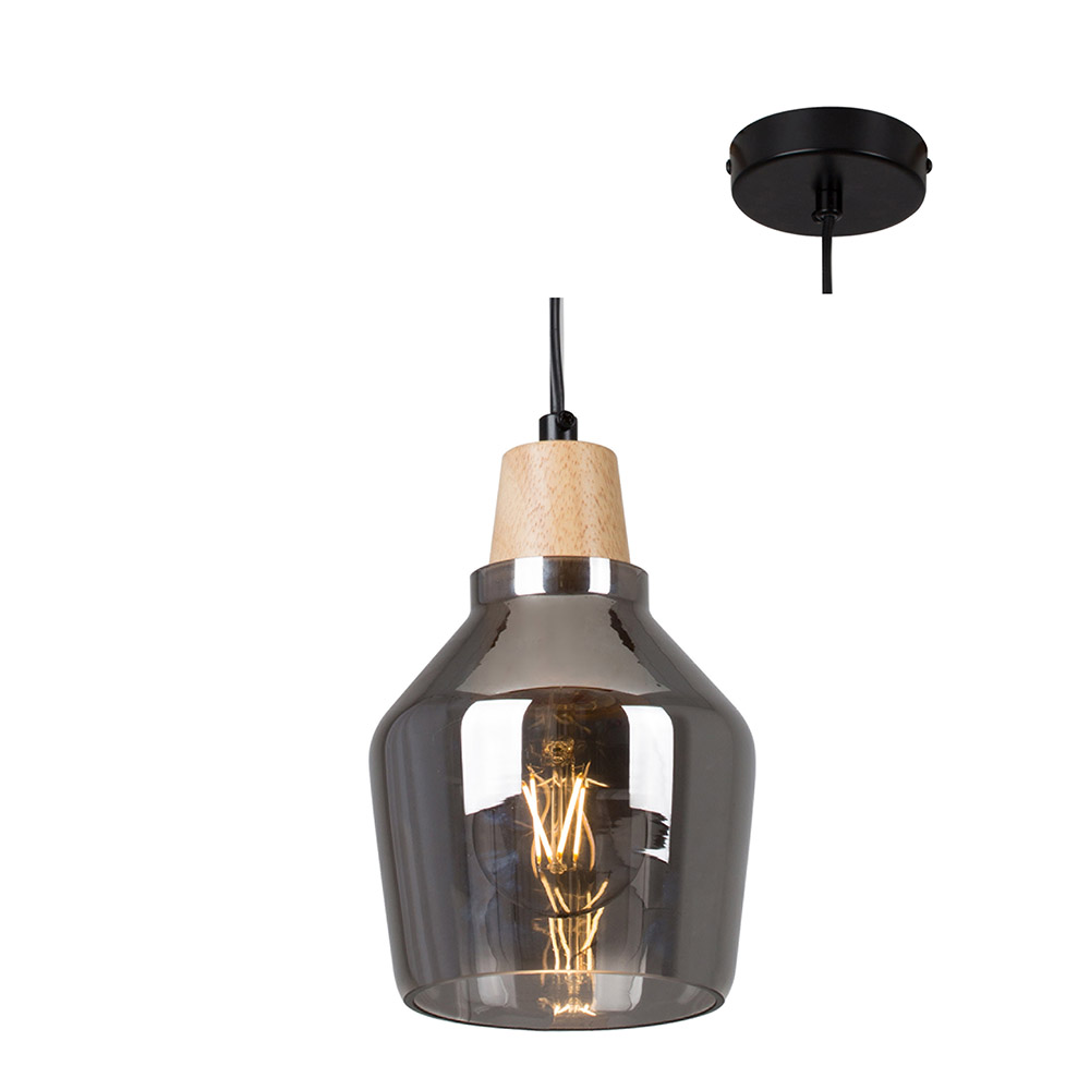 Tallinn Pendant Black & Wood with Smoke Glass (P928SM)