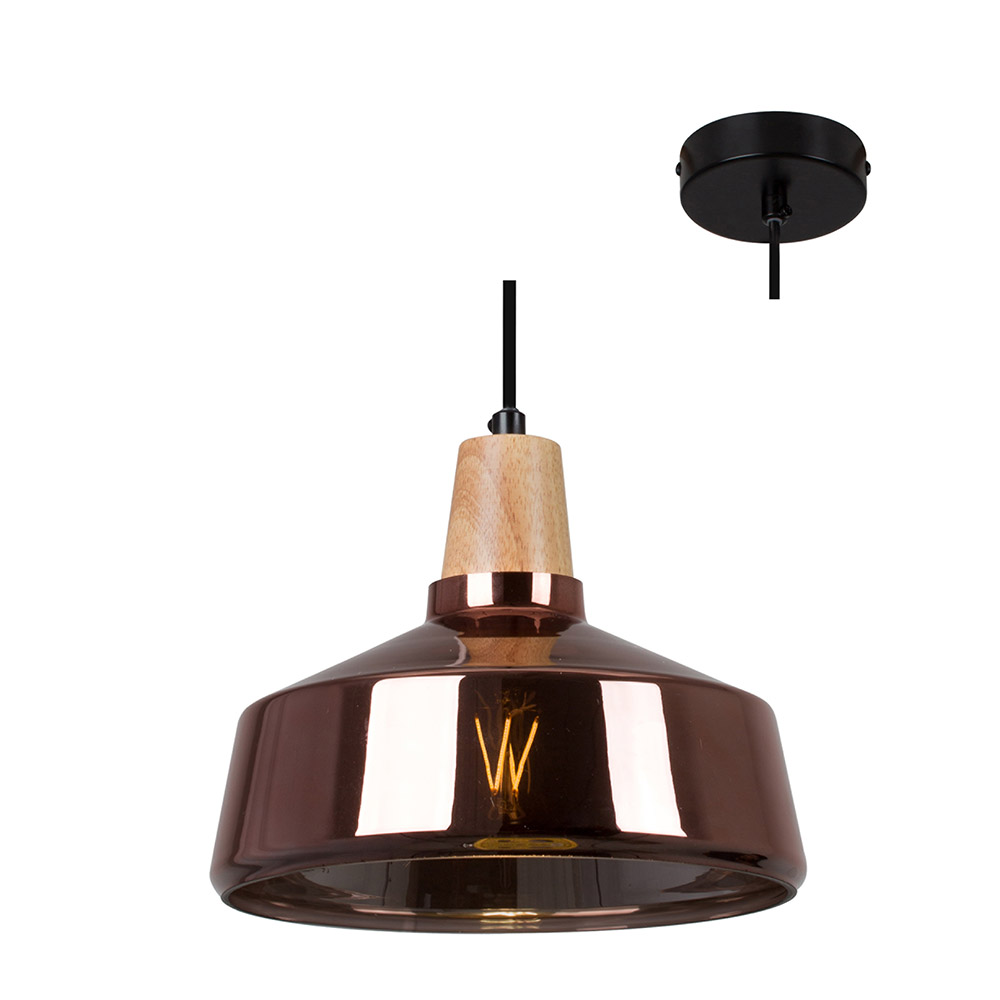Tallinn Pendant Black & Wood with Copper Glass (P929C)