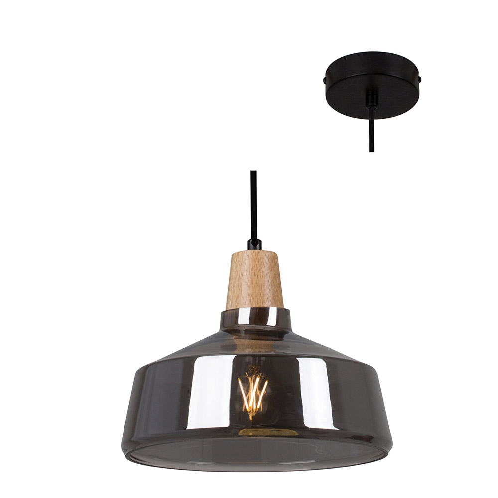 Tallinn Pendant Black & Wood with Smoke Glass (P929SM)