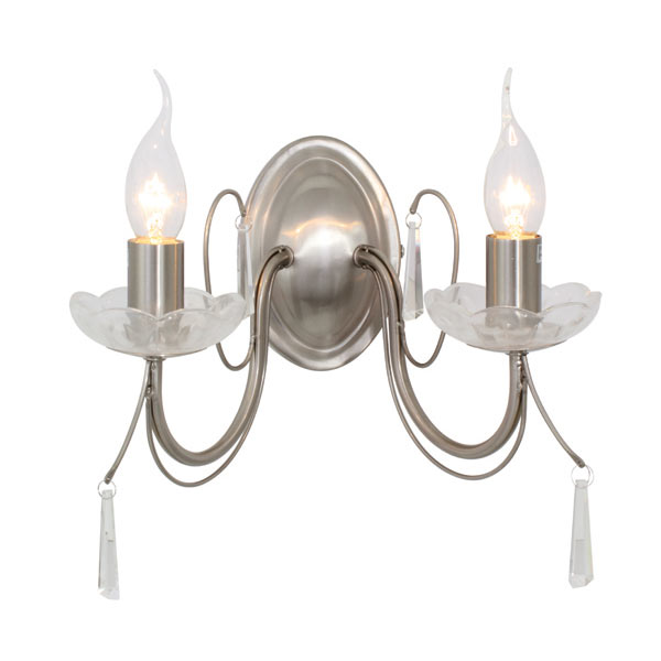 2Lt Wall Light with Clear Drops - 2LT WALL LAMP S/CHROME CLEAR DROPS E14 40W, W356SC. (W356)